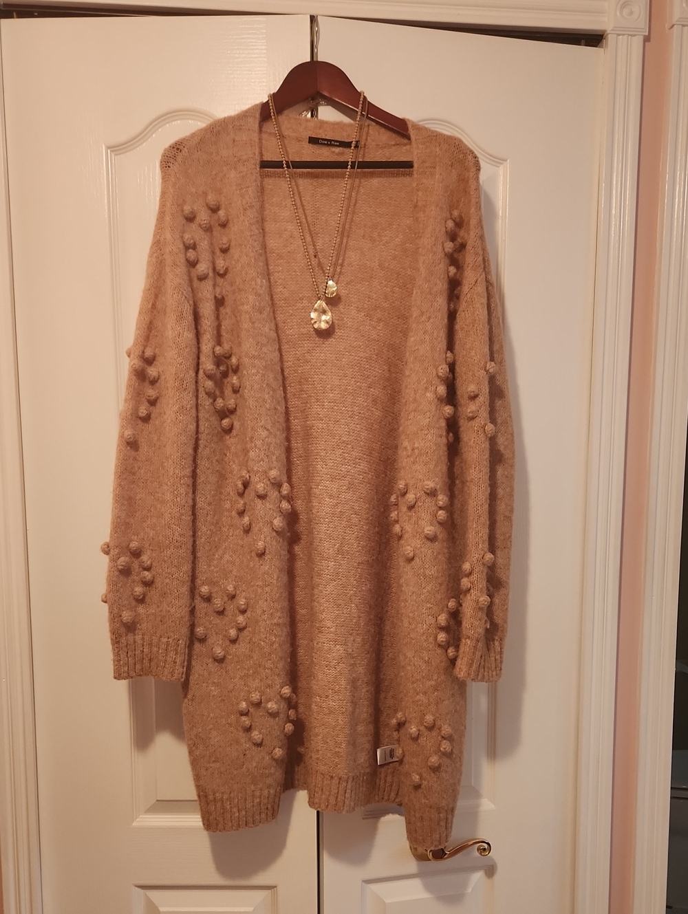 Doe & Rae Tan Pom-Pom Open Cardigan